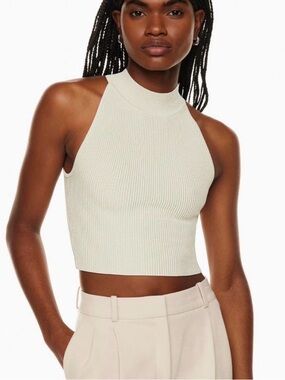 Babaton Cream Ribbed Mock Neck Crop Tank